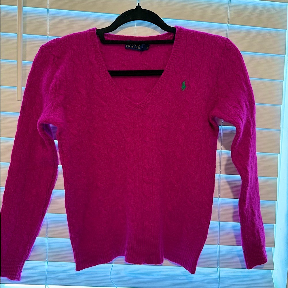 Ralph Lauren🍇💜🍷☯️Pink V-Neck Sweater Classic Style Cashmere blend